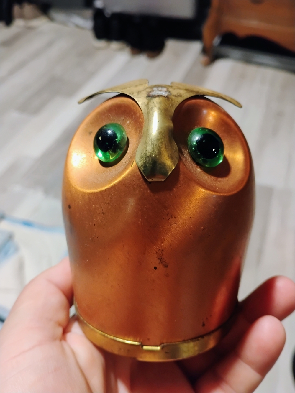 Copper-Tone Owl Figurine with Green Glass Eyes